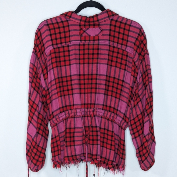 We The Free Pacific Dawn‎ Drawstring Button Down Wool Blend Plaid Top Red Pink M - Picture 3 of 8